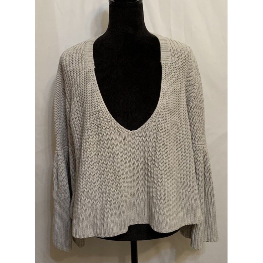 Free People Damsel Sweater Women Size XL Taupe Bell Sleeve V Neck Chunky Knit